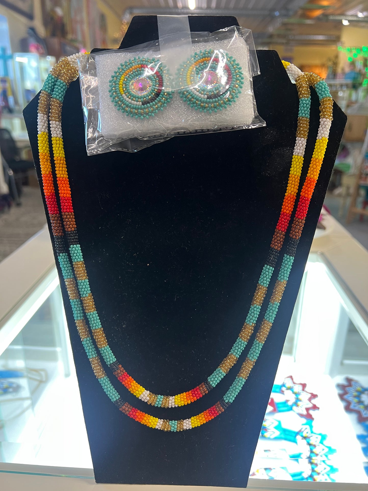 Beaded Double Rope Necklace Set with Earrings
