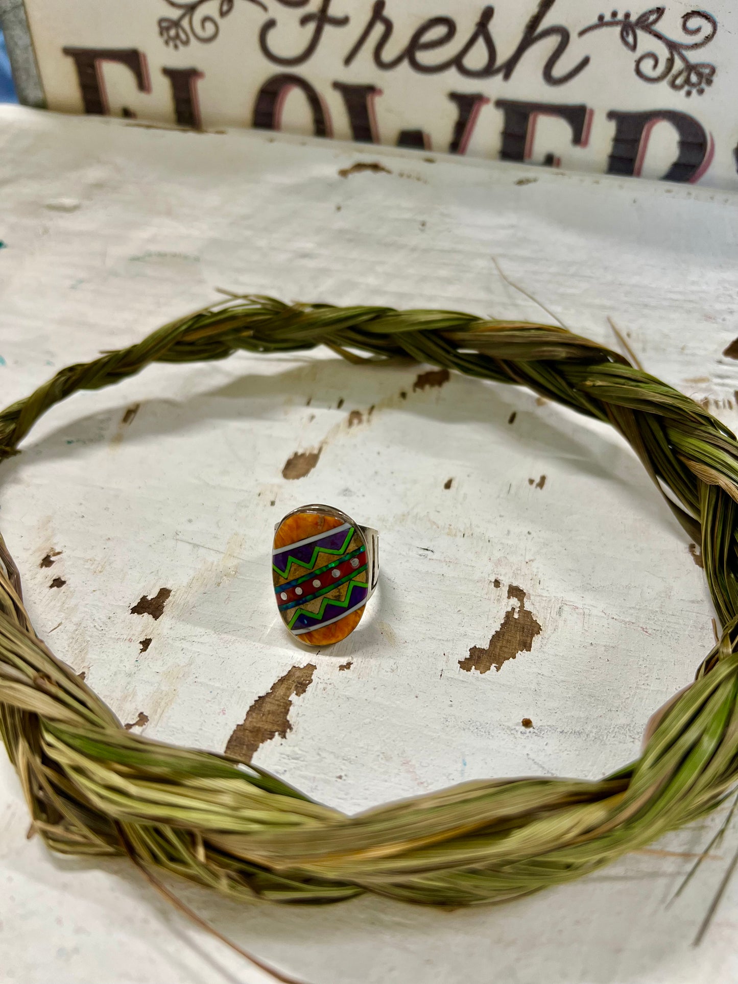 Orange/Turquoise Inlay Ring (Size 9)